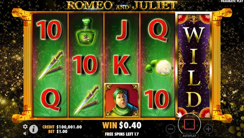 Once Romeo and Juliet appear in the same row, they will turn into a coloumn of WILD Symbol, and gives you 25 Free Spins - Romeo and Juliet slot game