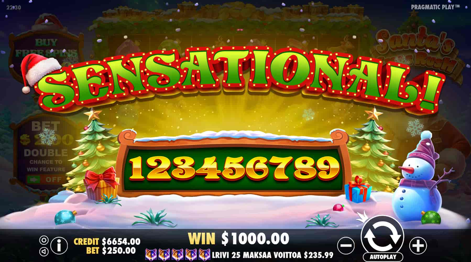 Sensational Win Screen - Santa's Xmas Rush slot game