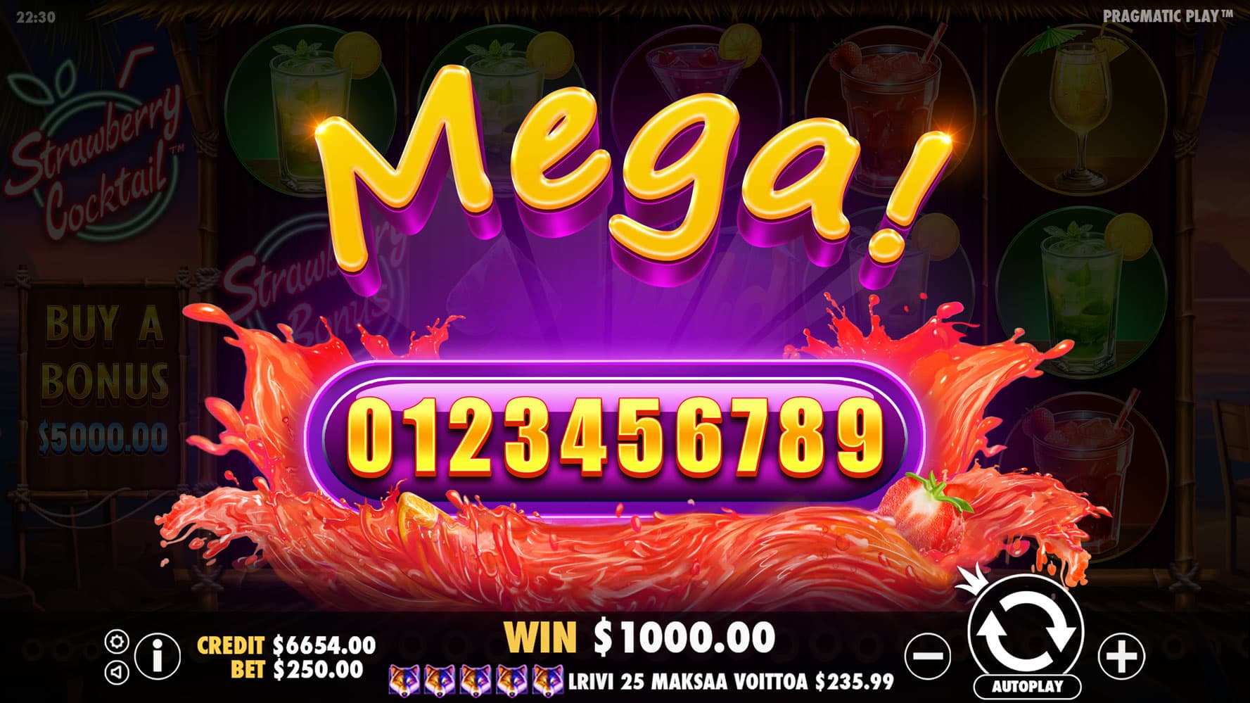 Mega Win Screen - Strawbery Cocktail slot game