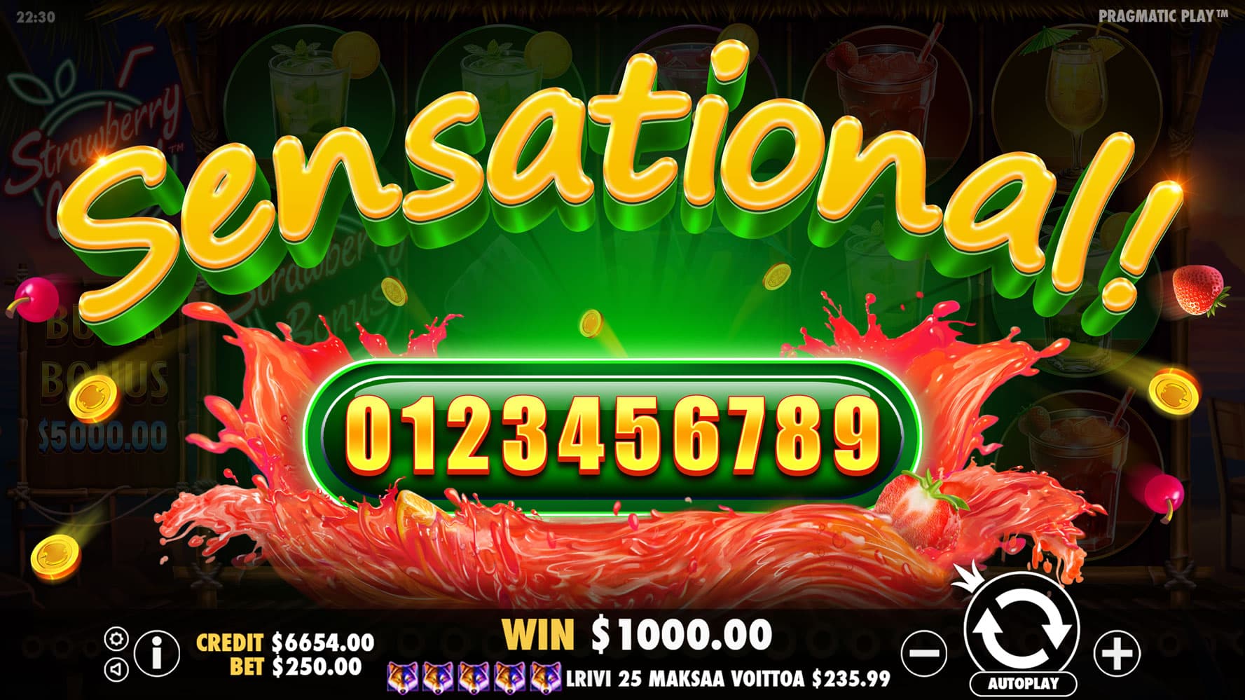 Sensational Win Screen - Strawbery Cocktail slot game