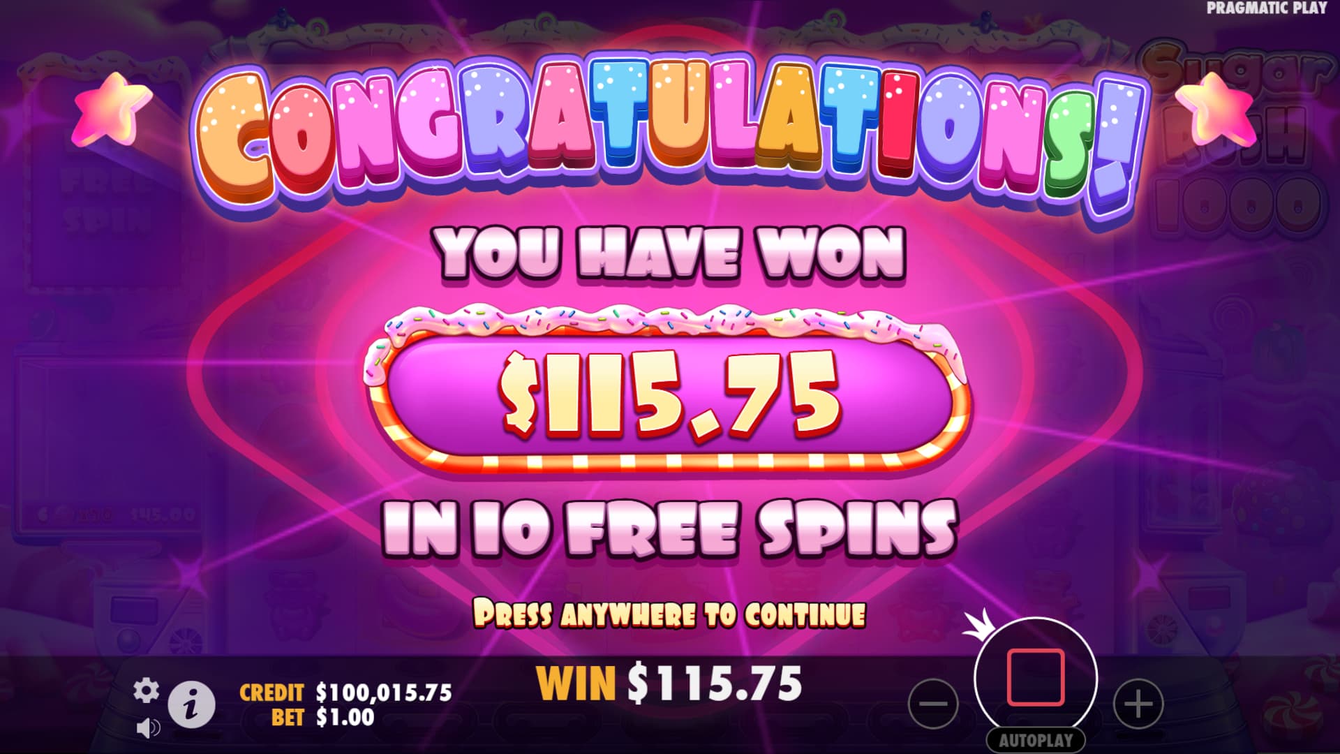 Congratulations Screen with a +100x win - Sugar Rush 1000 slot game