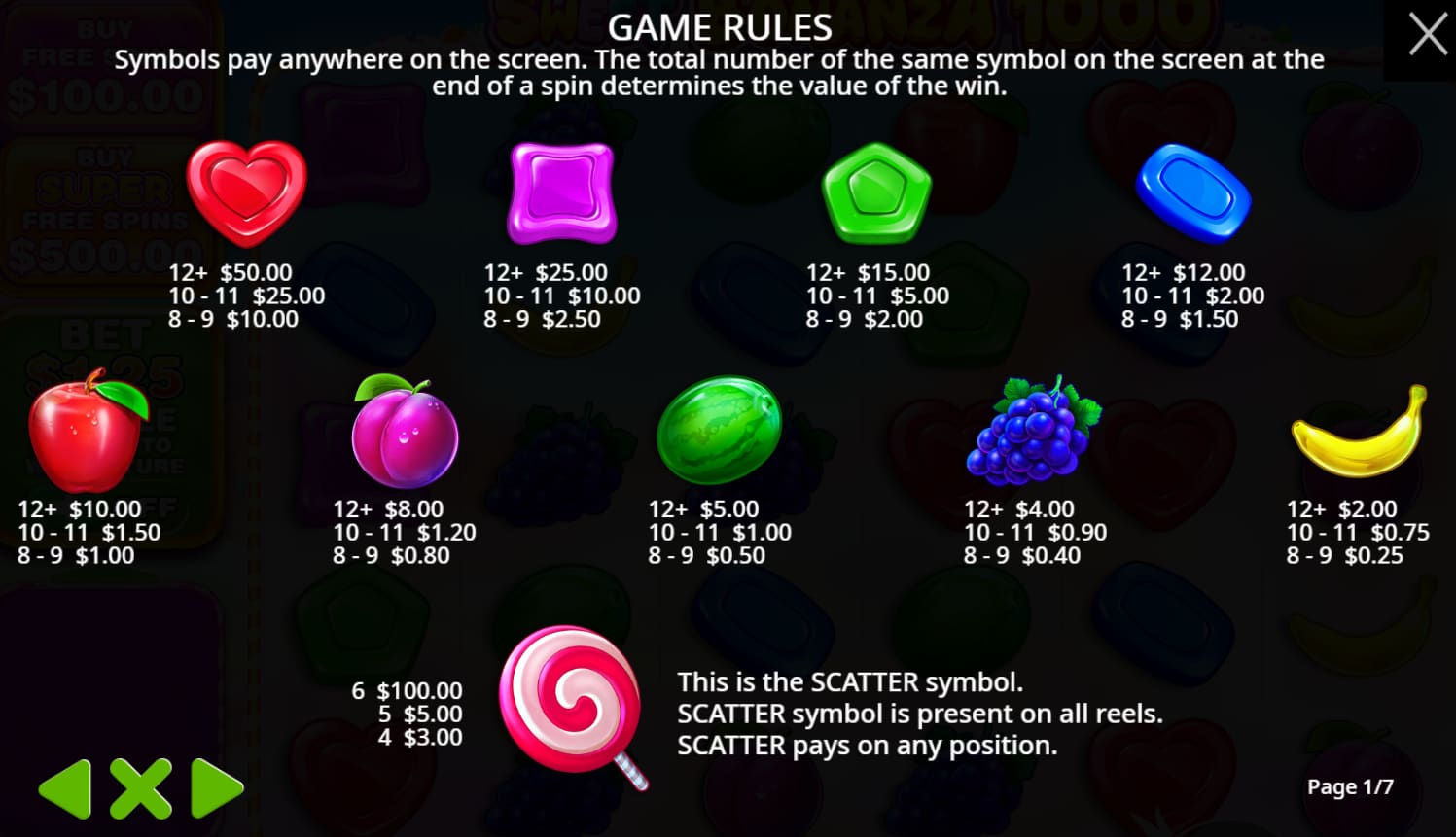 Symbols and paytable of the Sweet Bonanza 1000 slot game