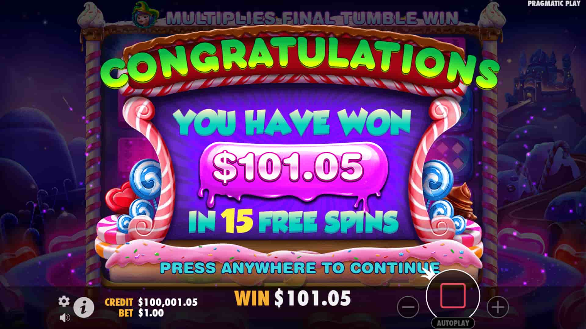 Over 100X Bonus Game Win Screen - Sweet Bonanza Dice slot game