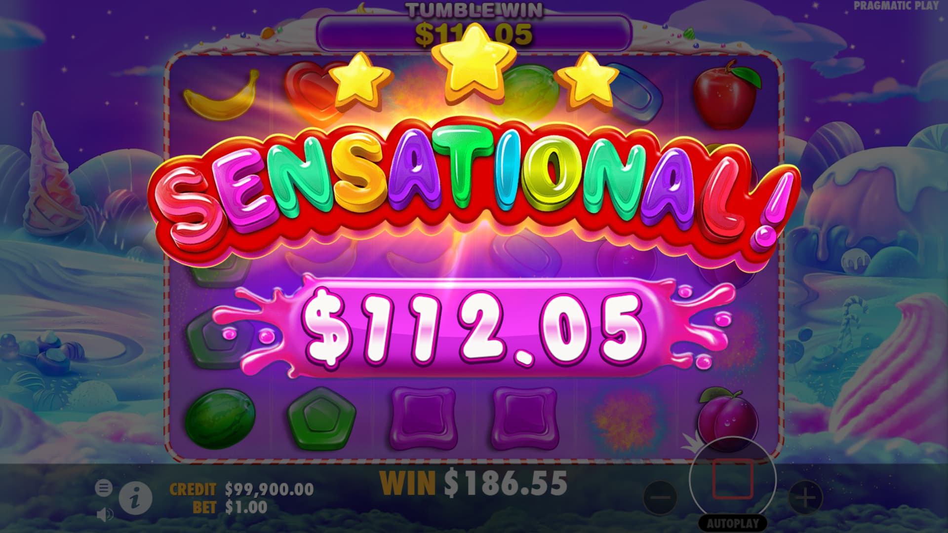 One of the numerous Big Win screens of the Sweet Bonanza slot game