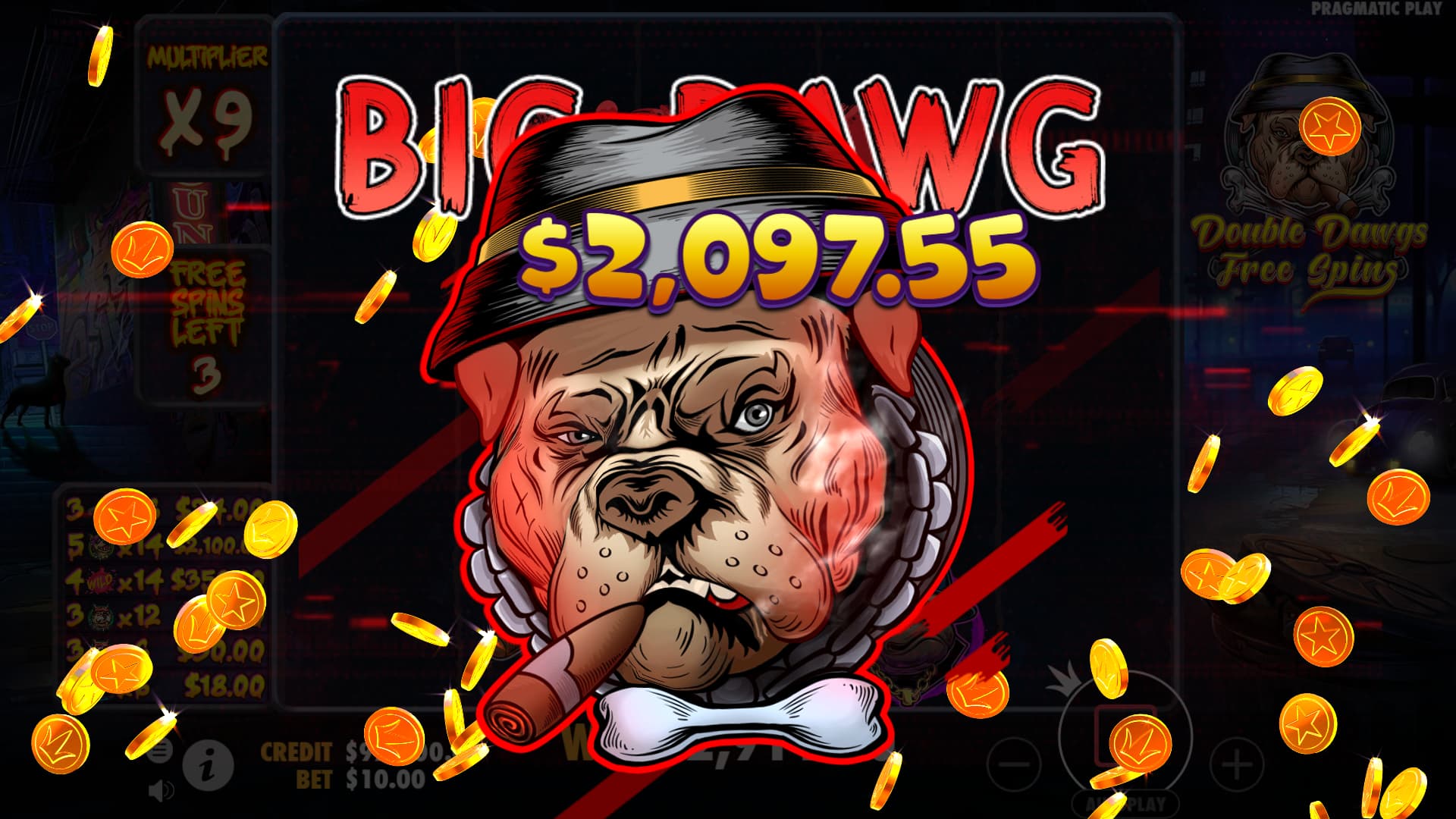 Another one of the many unique Big Win screens - The Big Dawgs slot game