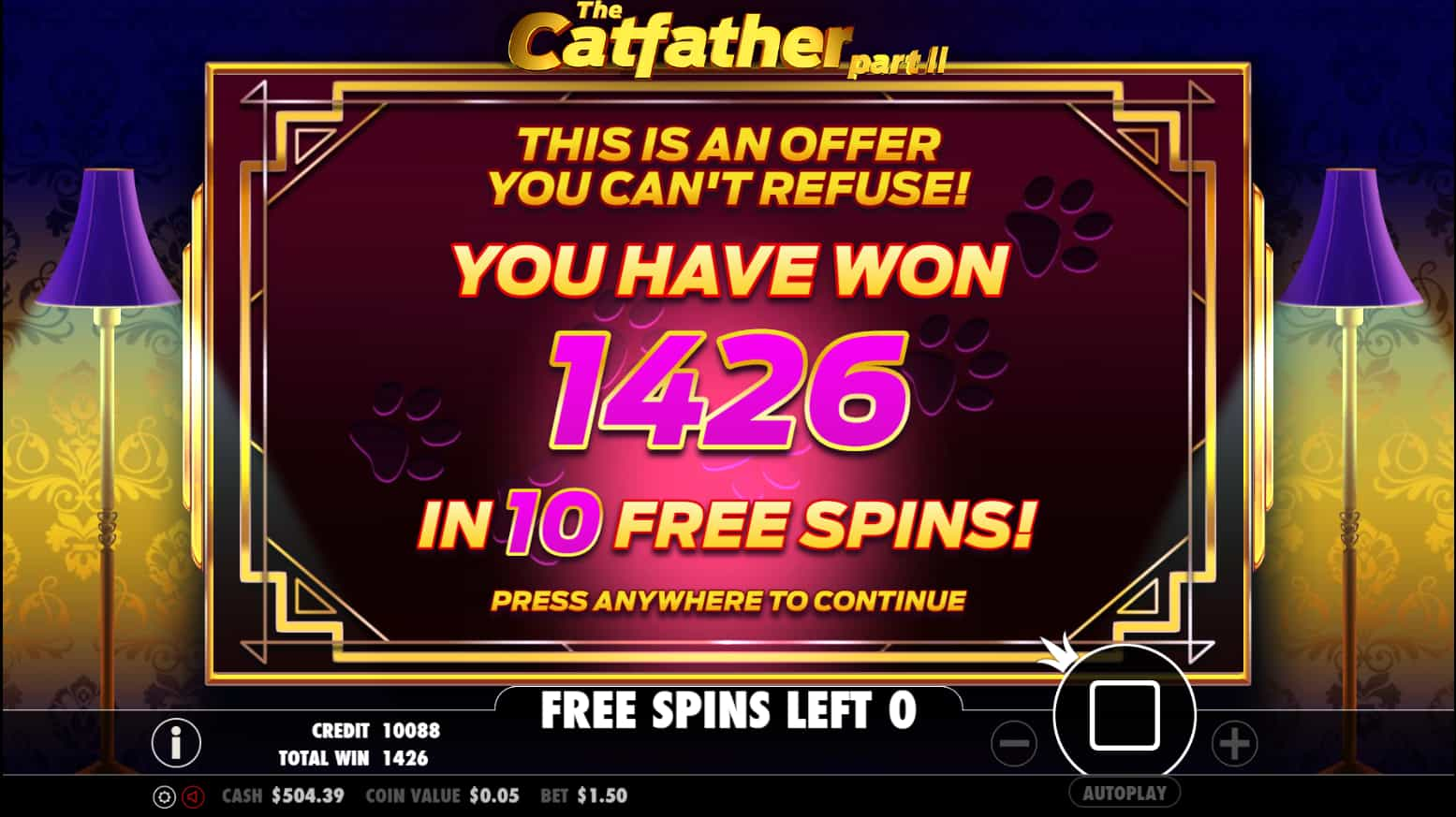 Bonus Game Win Screen - The Catfather II slot game