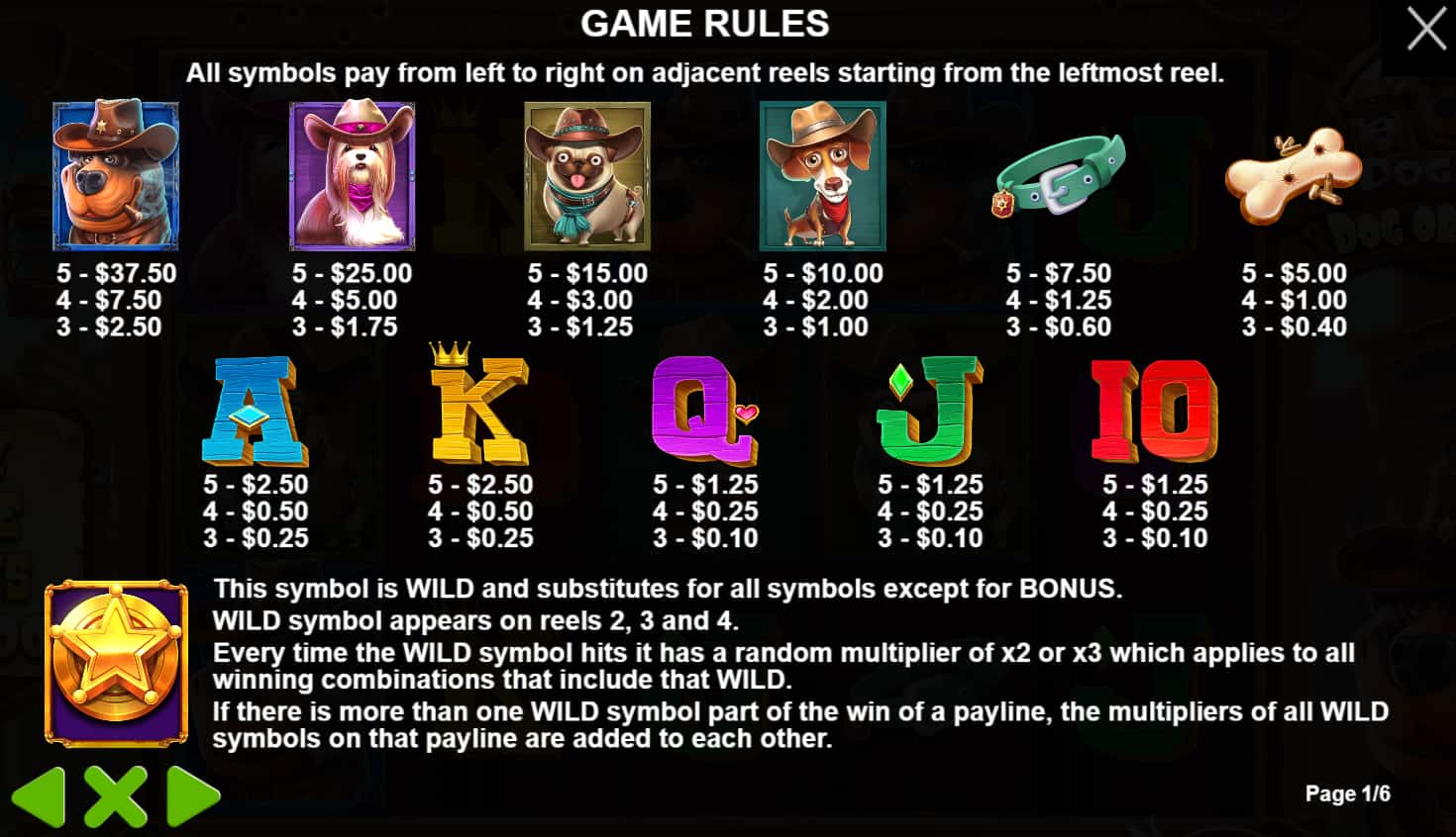 Symbols and paytable of The Dog House – Dog or Alive slot game