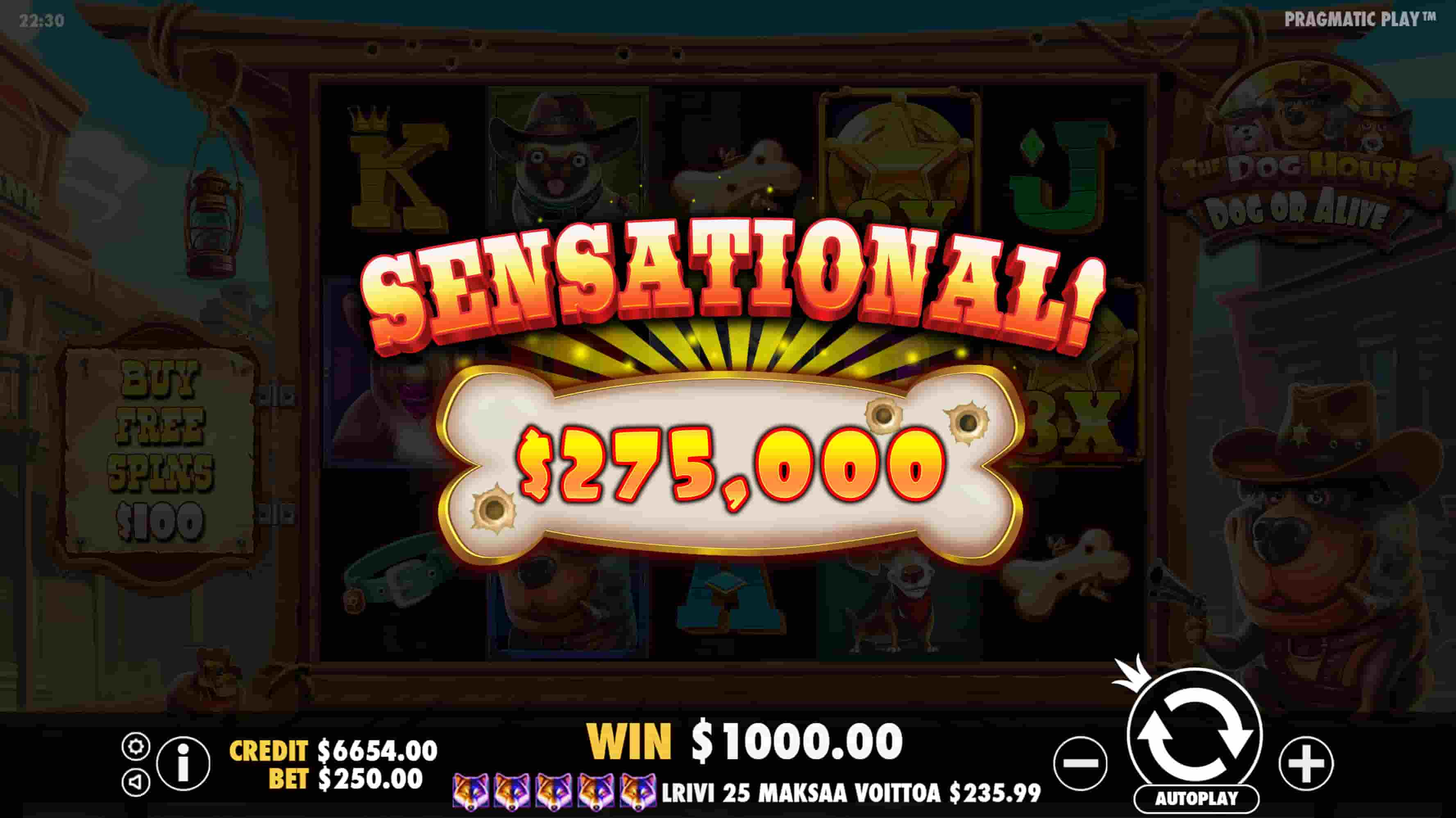 Sensational Win Screen - The Dog House – Dog or Alive slot game