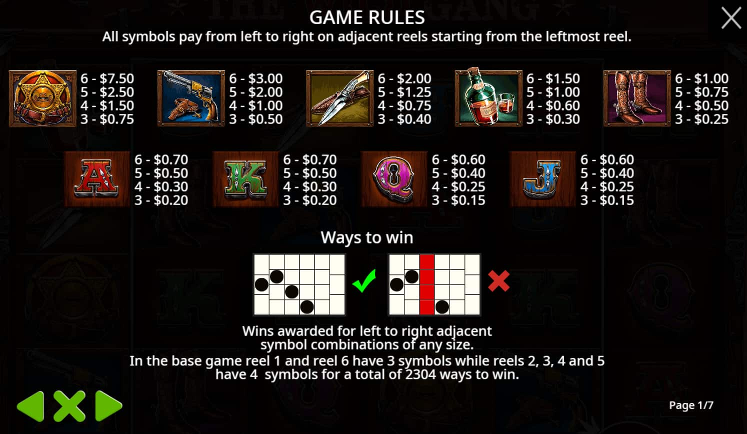 Symbols and paytable of the The Wild Gang slot game