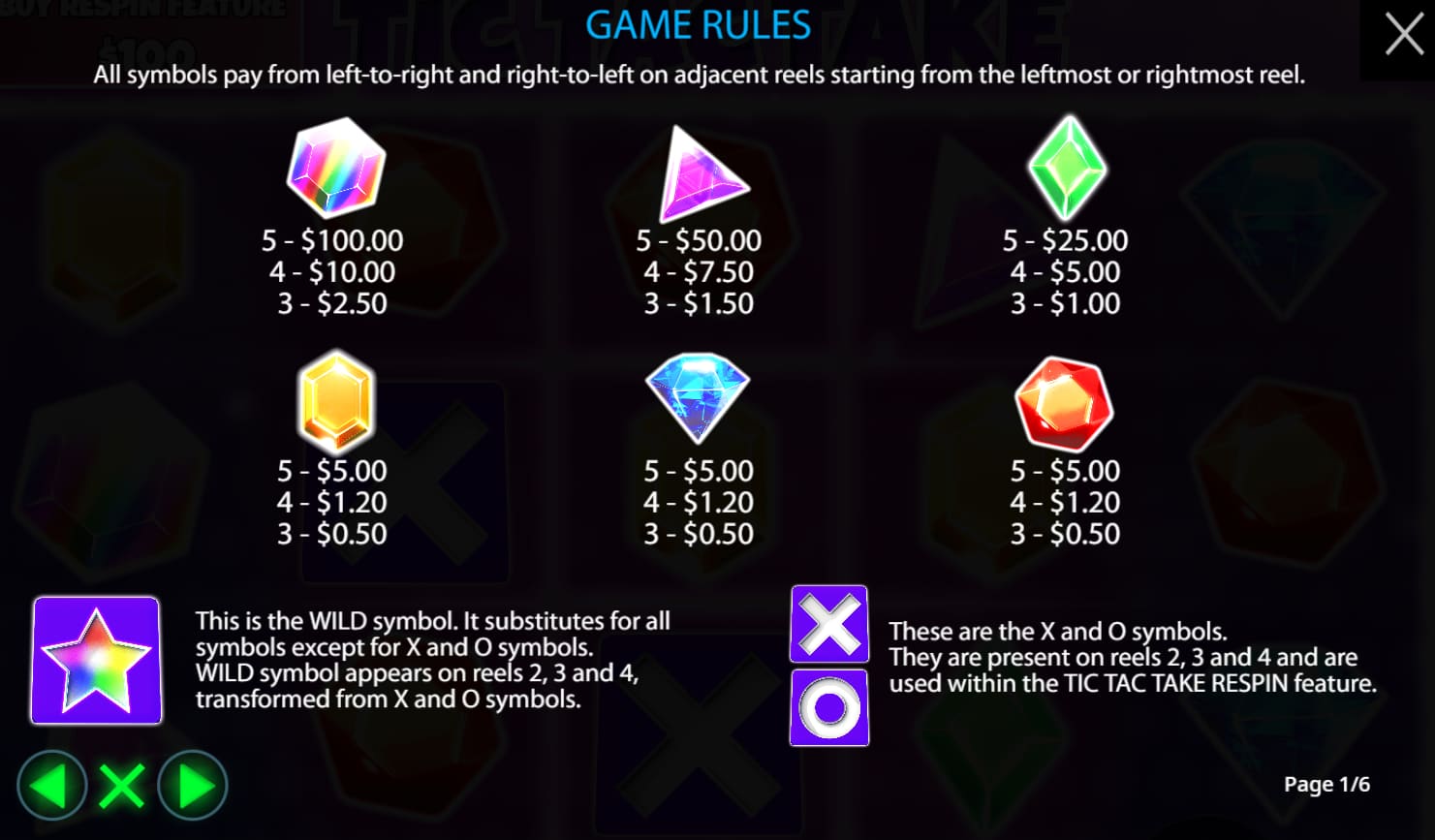 Symbols and paytable of the Tic Tac Take slot game