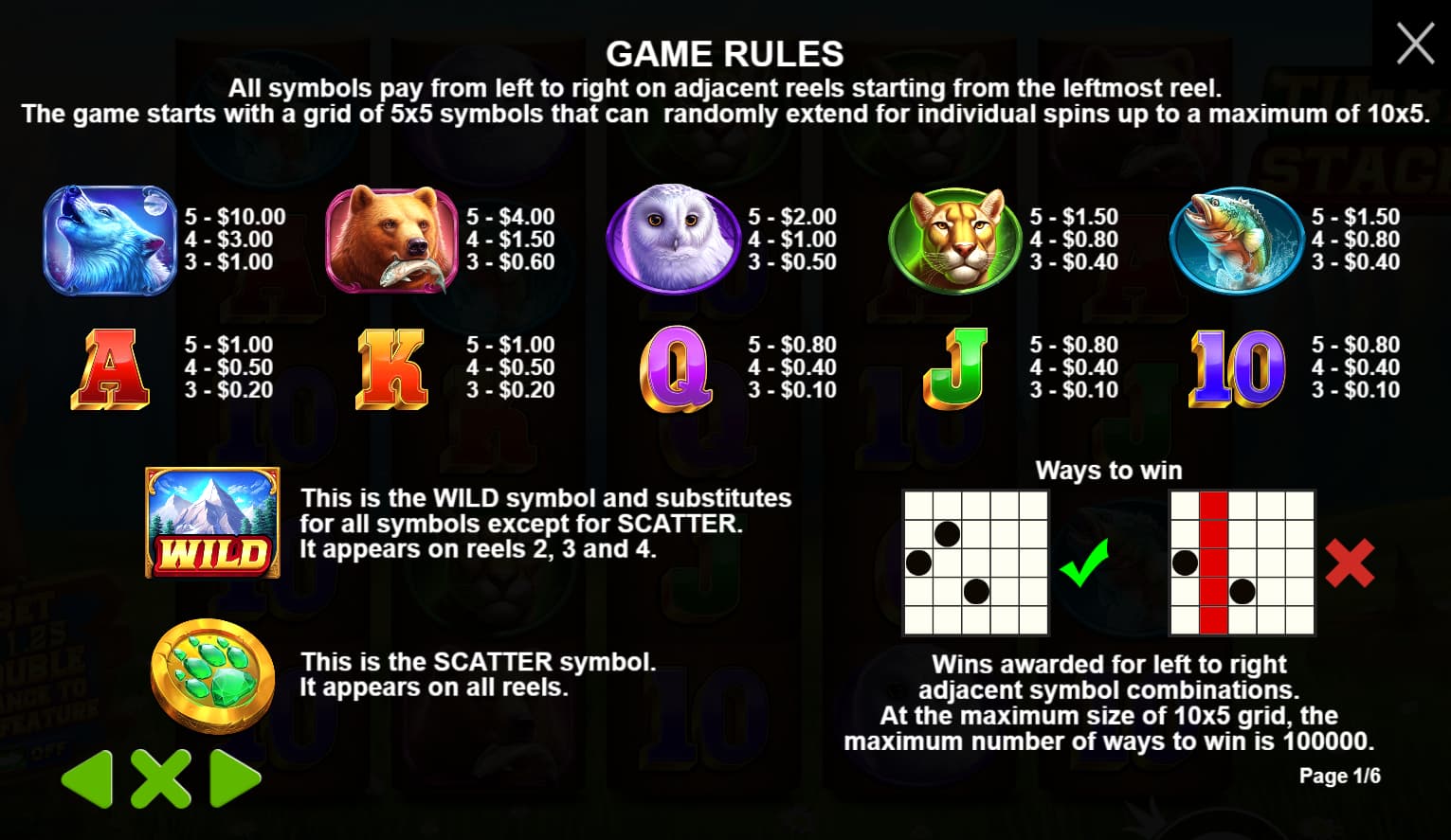 Symbols and paytable of the Timber Stacks slot game