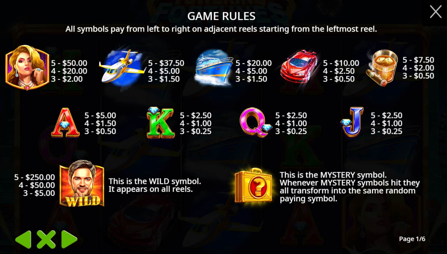 Symbols and paytable of the Towering Fortunes slot game