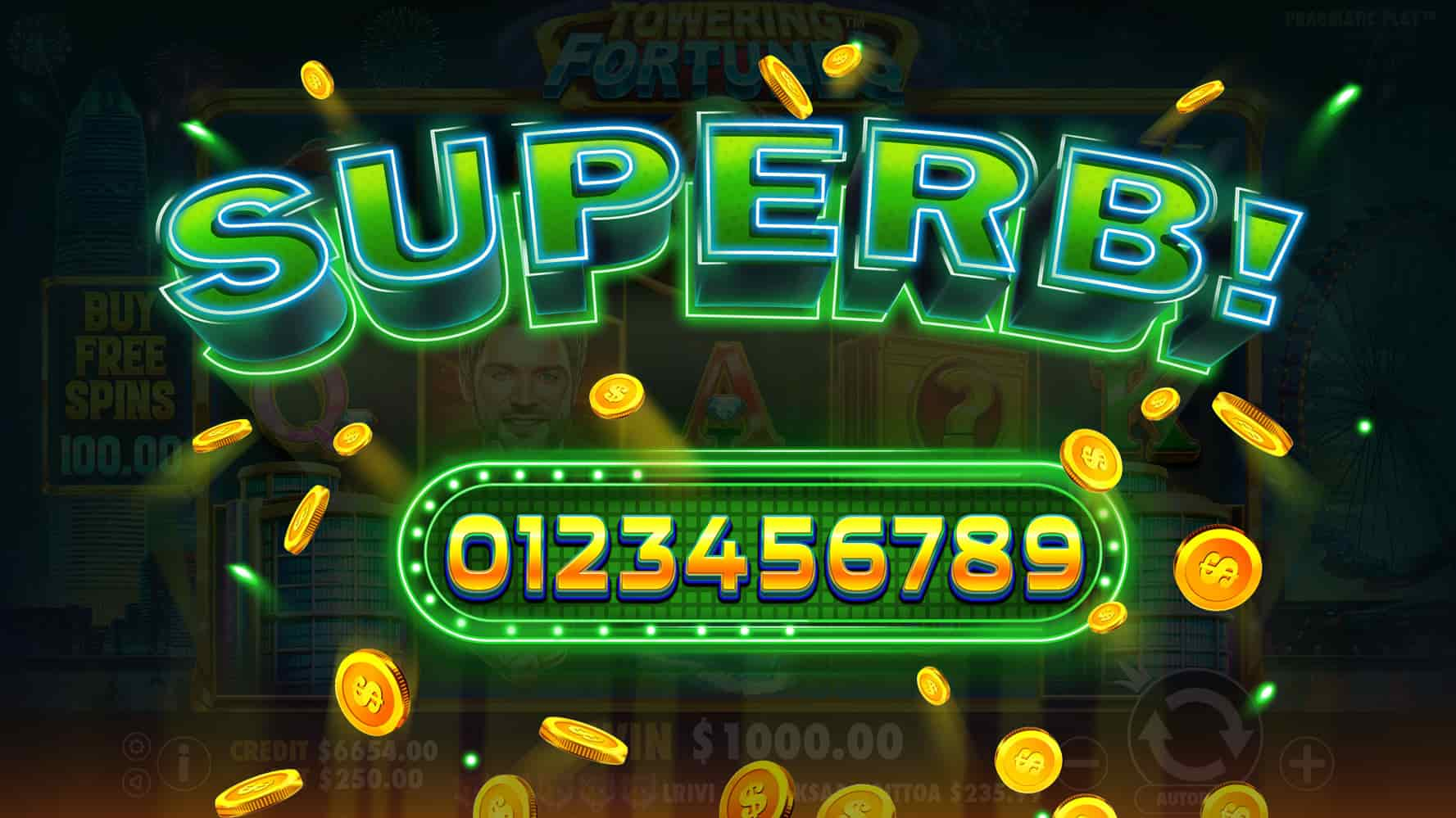 Superb Win Screen - Towering Fortunes slot game