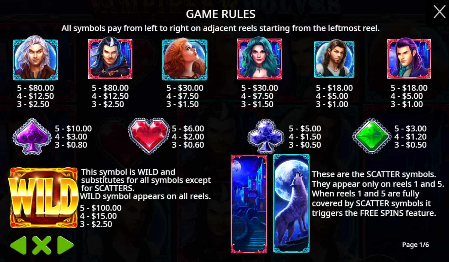 Symbols and paytable of the Vampires vs Wolves slot game