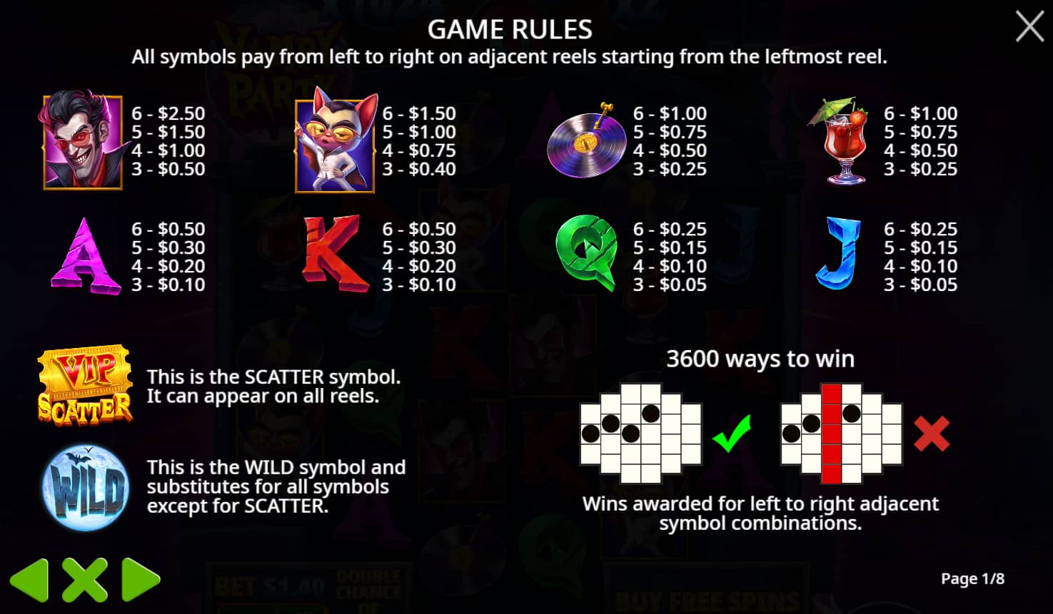 Symbols and paytable of the Vampy Party slot game