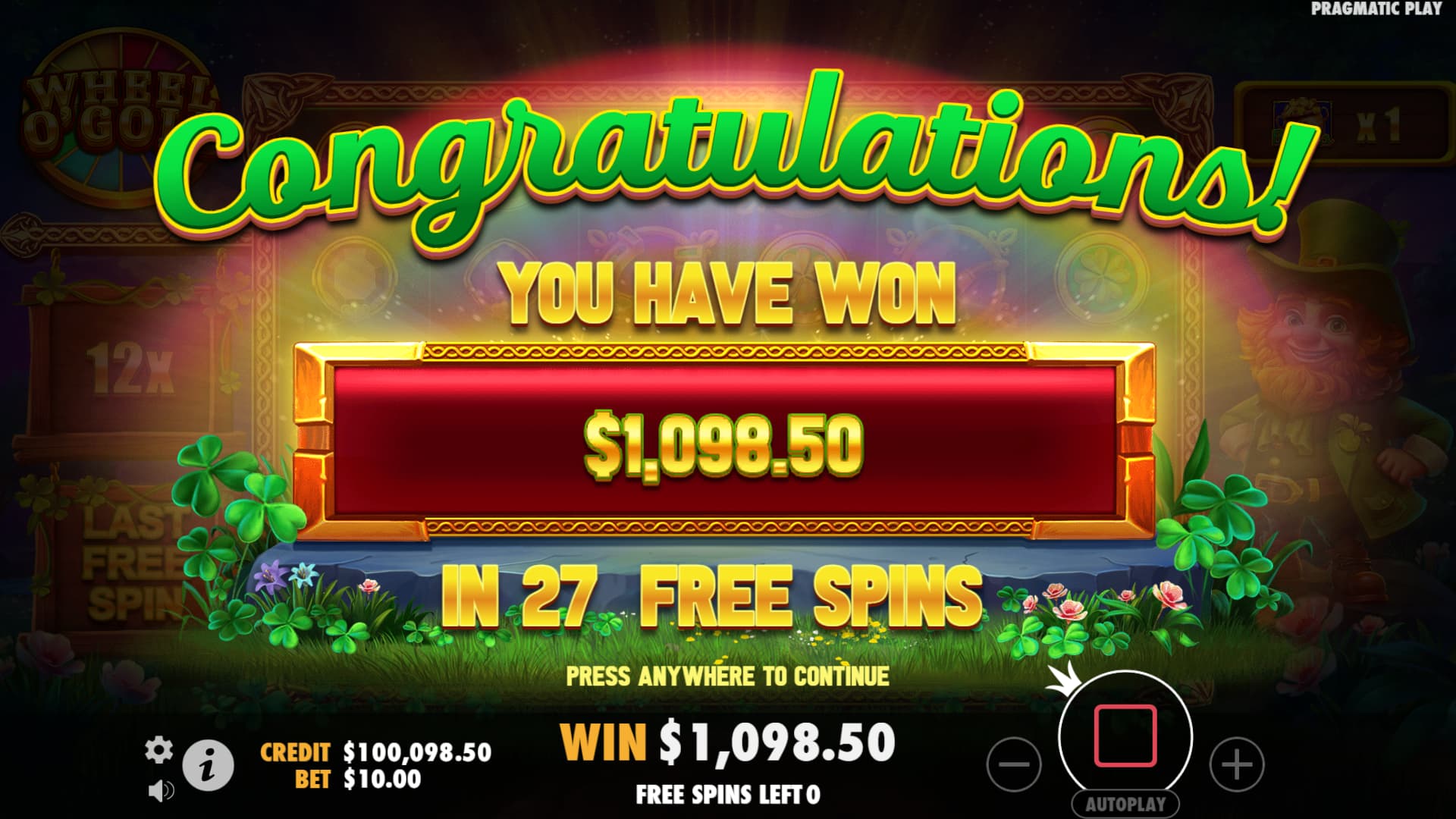 Congratulations Screen at the end of the Wheel O’Gold slot's bonus game