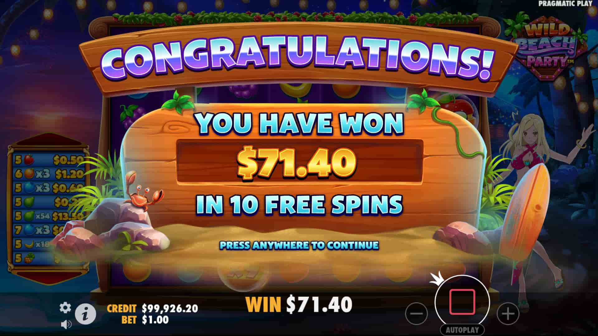 Bonus Game's Win Screen - Wild Beach Party slot game