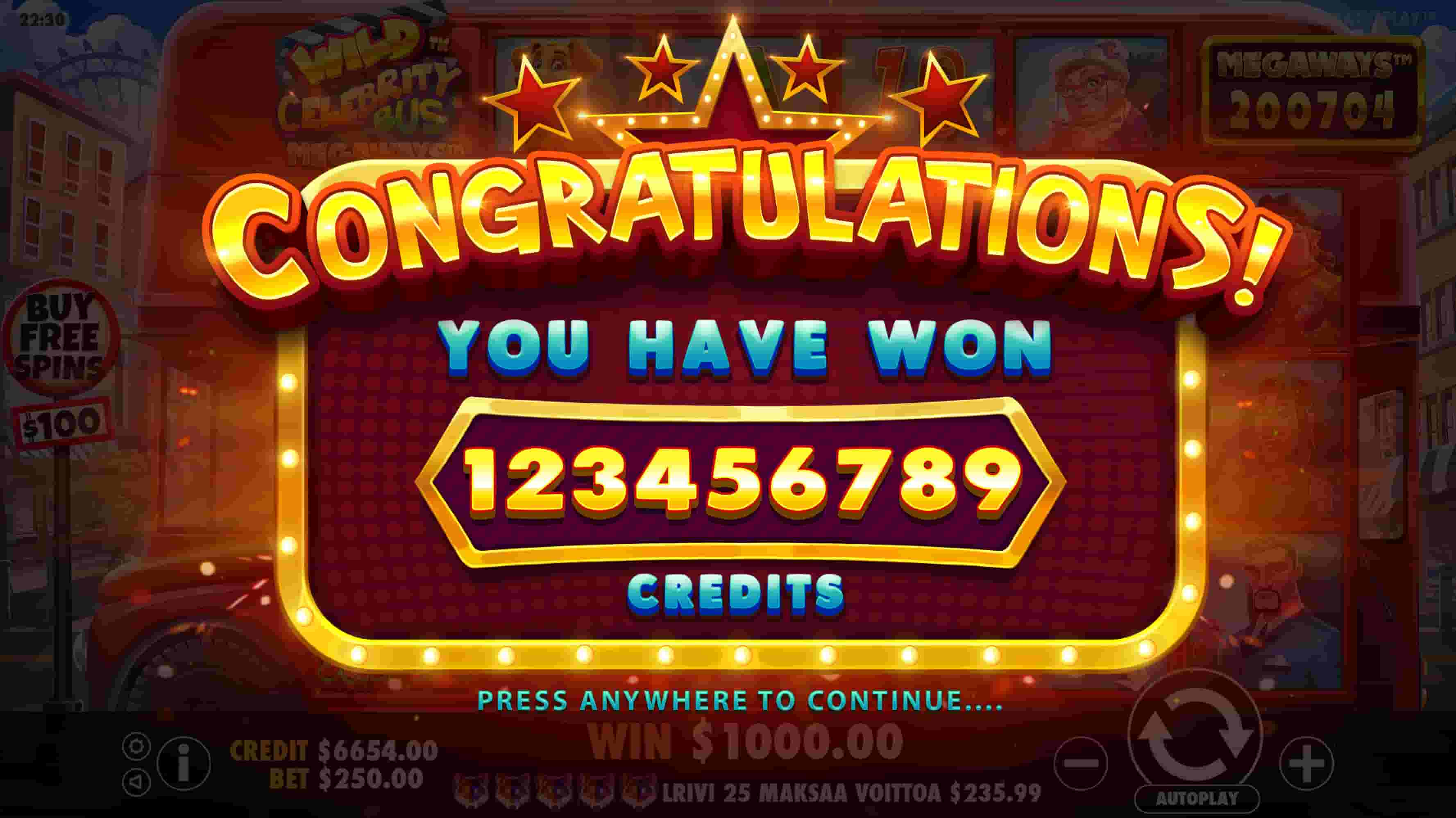 Bonus Game Ending Win Screen - Wild Celebrity Bus Megaways slot game