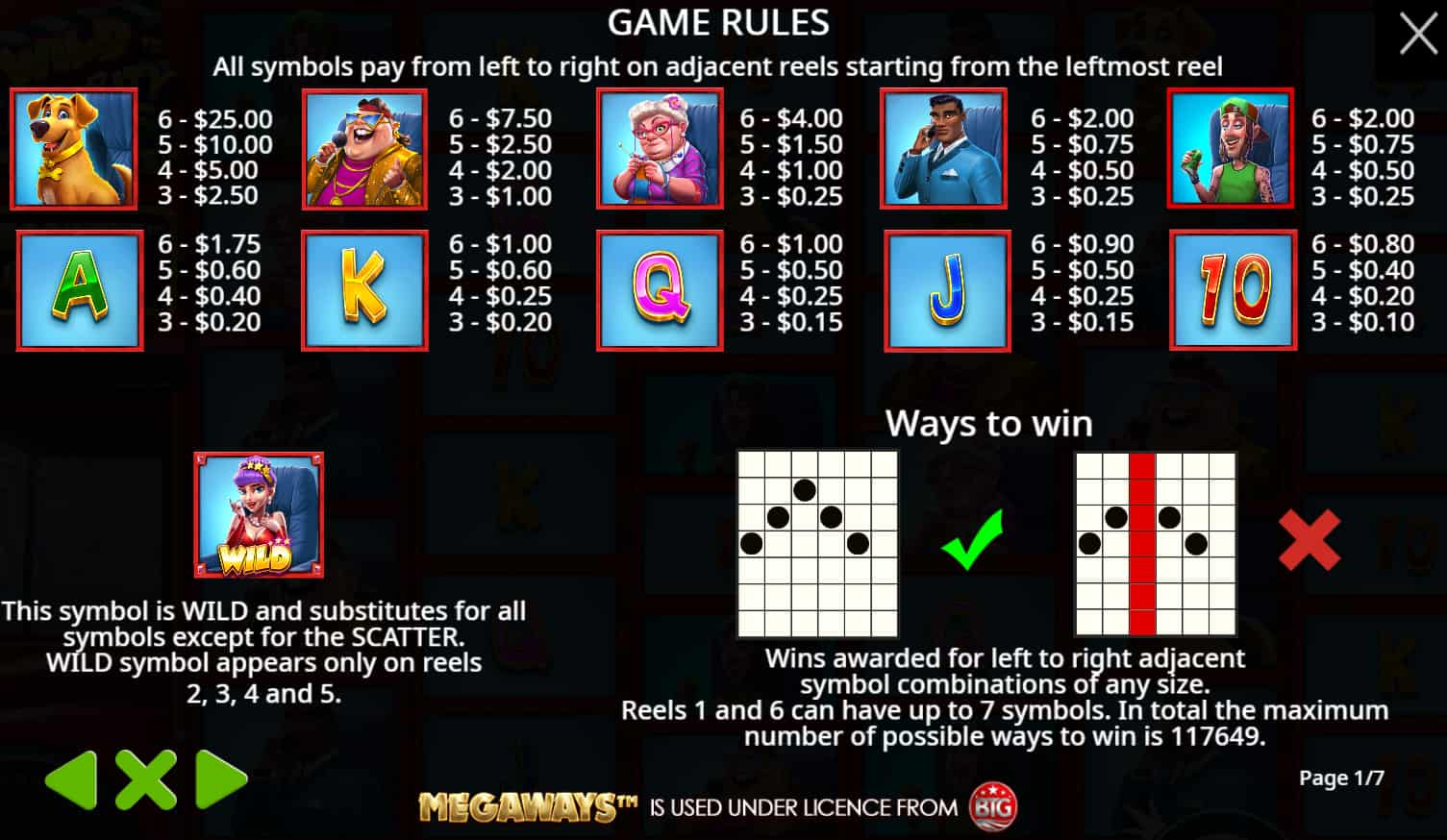 Symbols and paytable of the Wild Celebrity Bus Megaways slot game