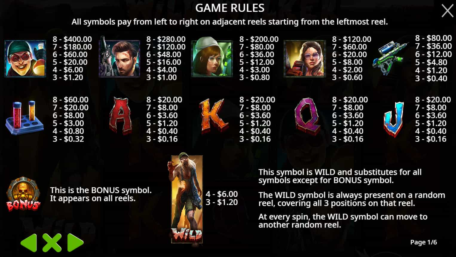 Symbols and paytable of the Wild Walker slot game