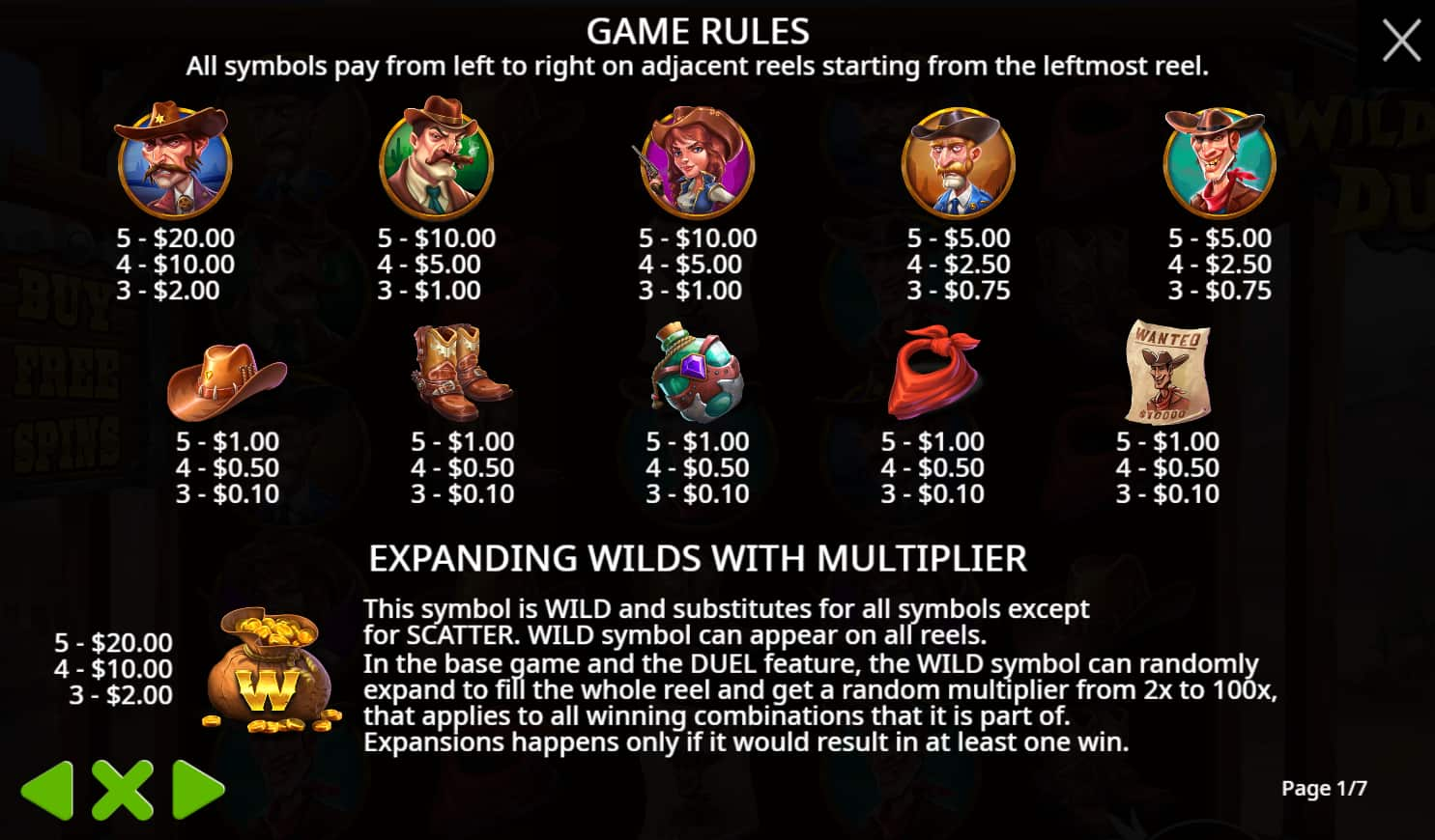 Symbols and paytable of the Wild West Duels slot game