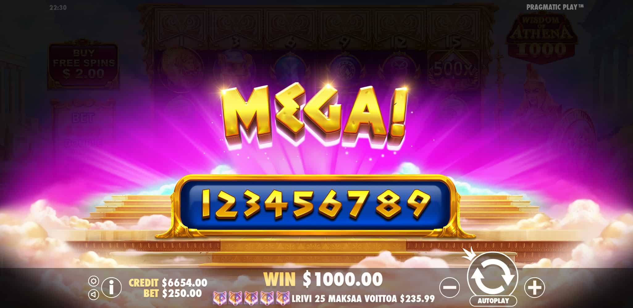 Mega Win Screen - Wisdom of Athena 1000 slot game