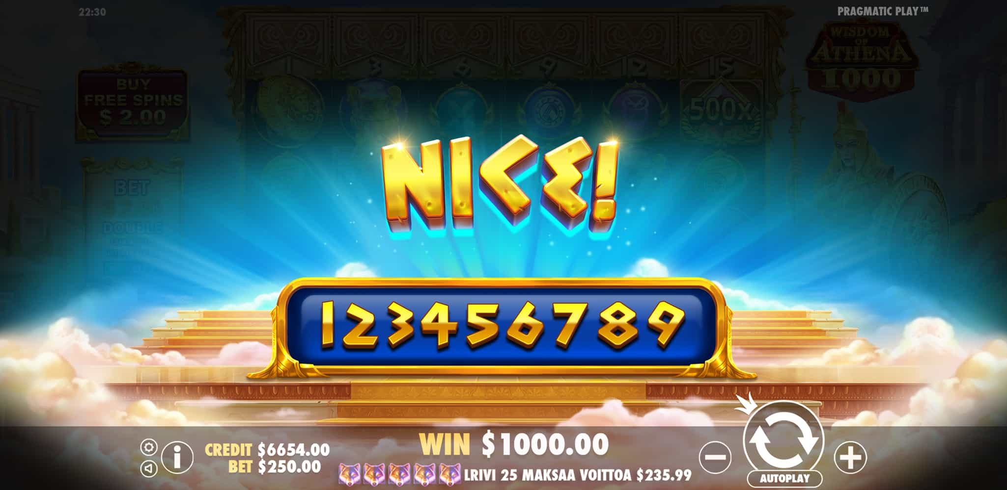 Nice Win Screen - Wisdom of Athena 1000 slot game