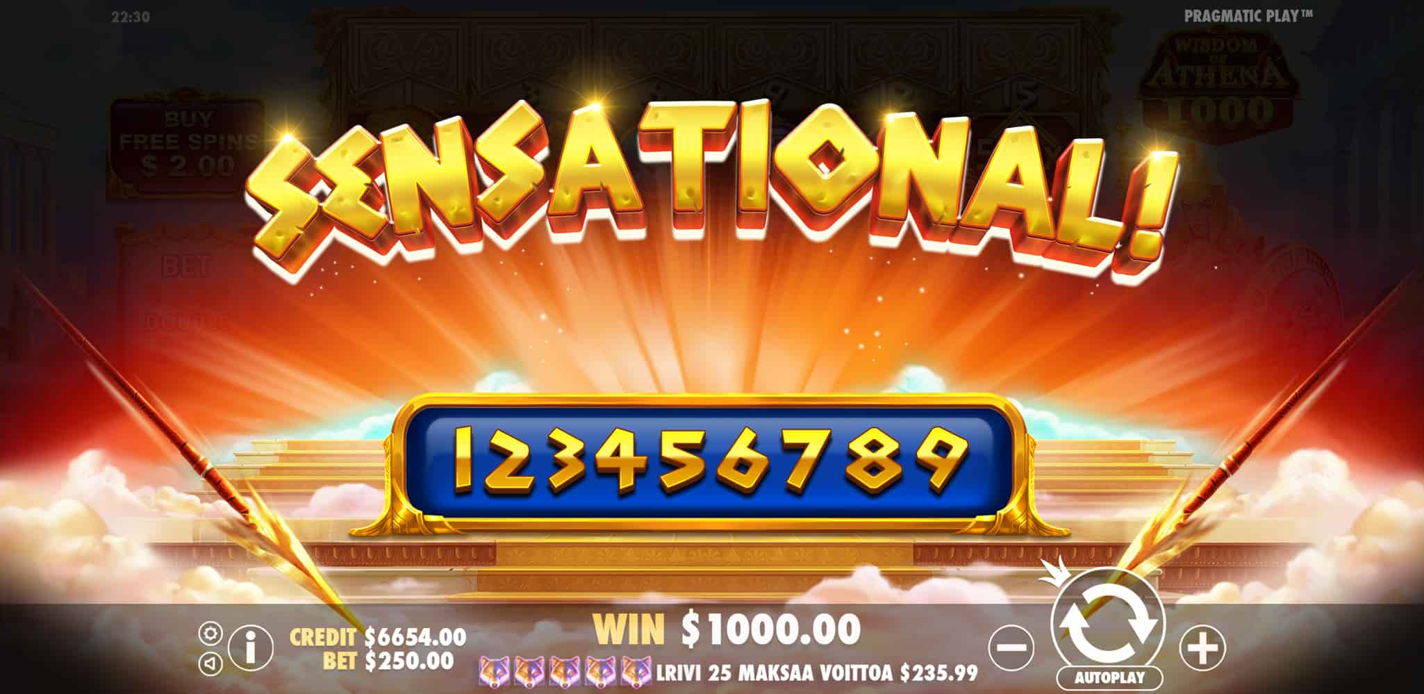 Sensational Win Screen - Wisdom of Athena 1000 slot game