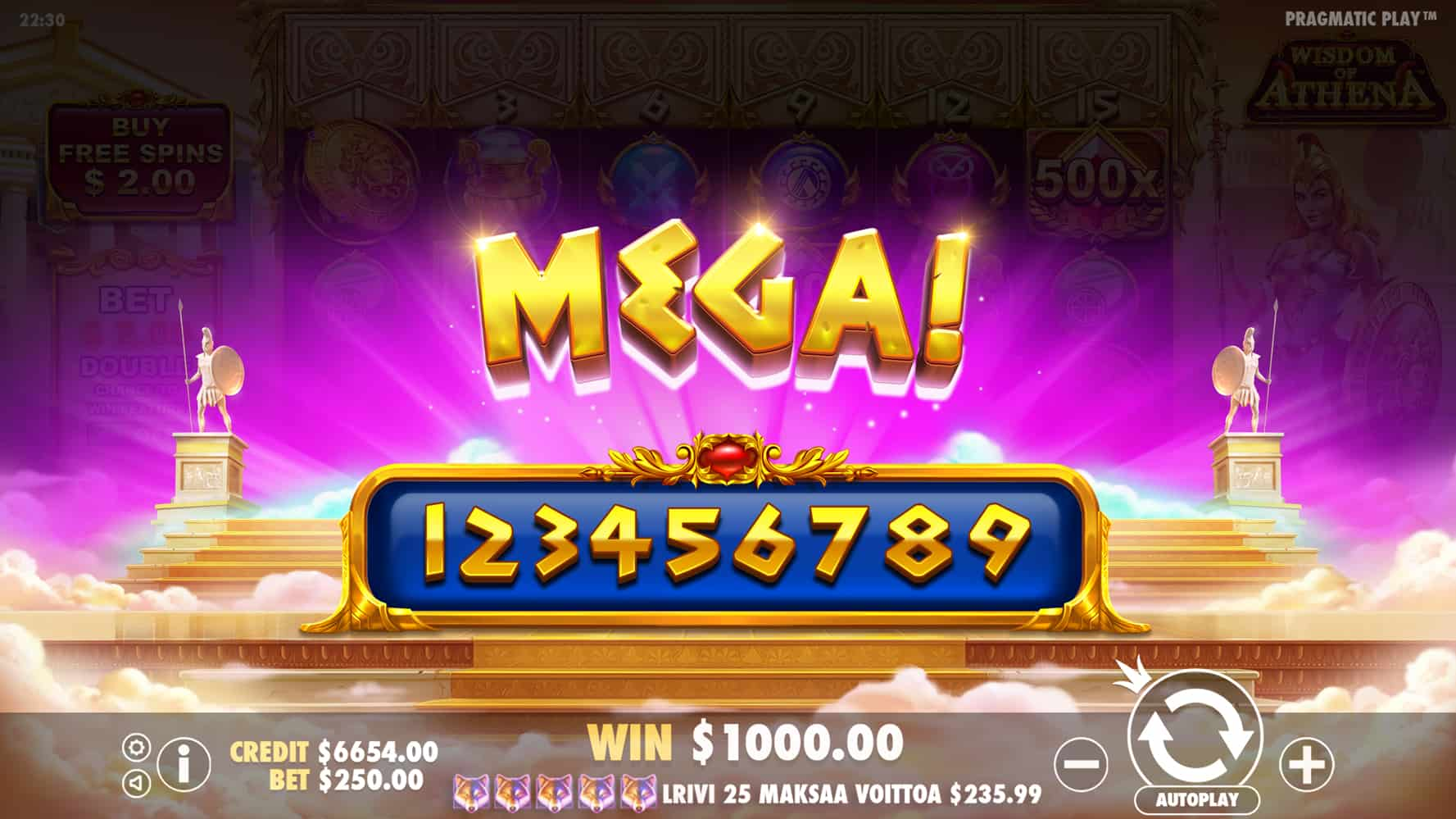 Mega Win Screen - Wisdom of Athena slot game