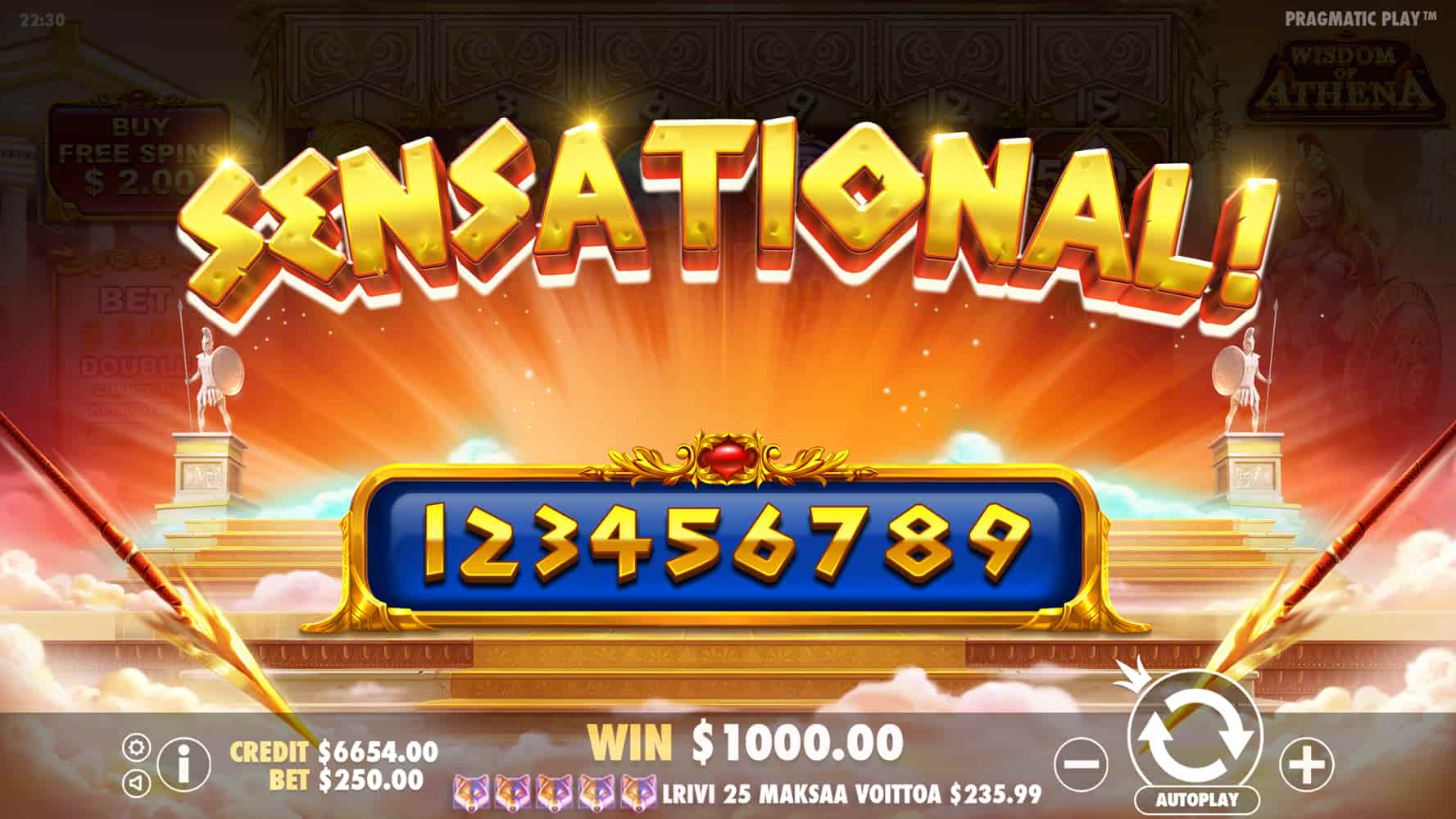 Sensational Win Screen - Wisdom of Athena slot game