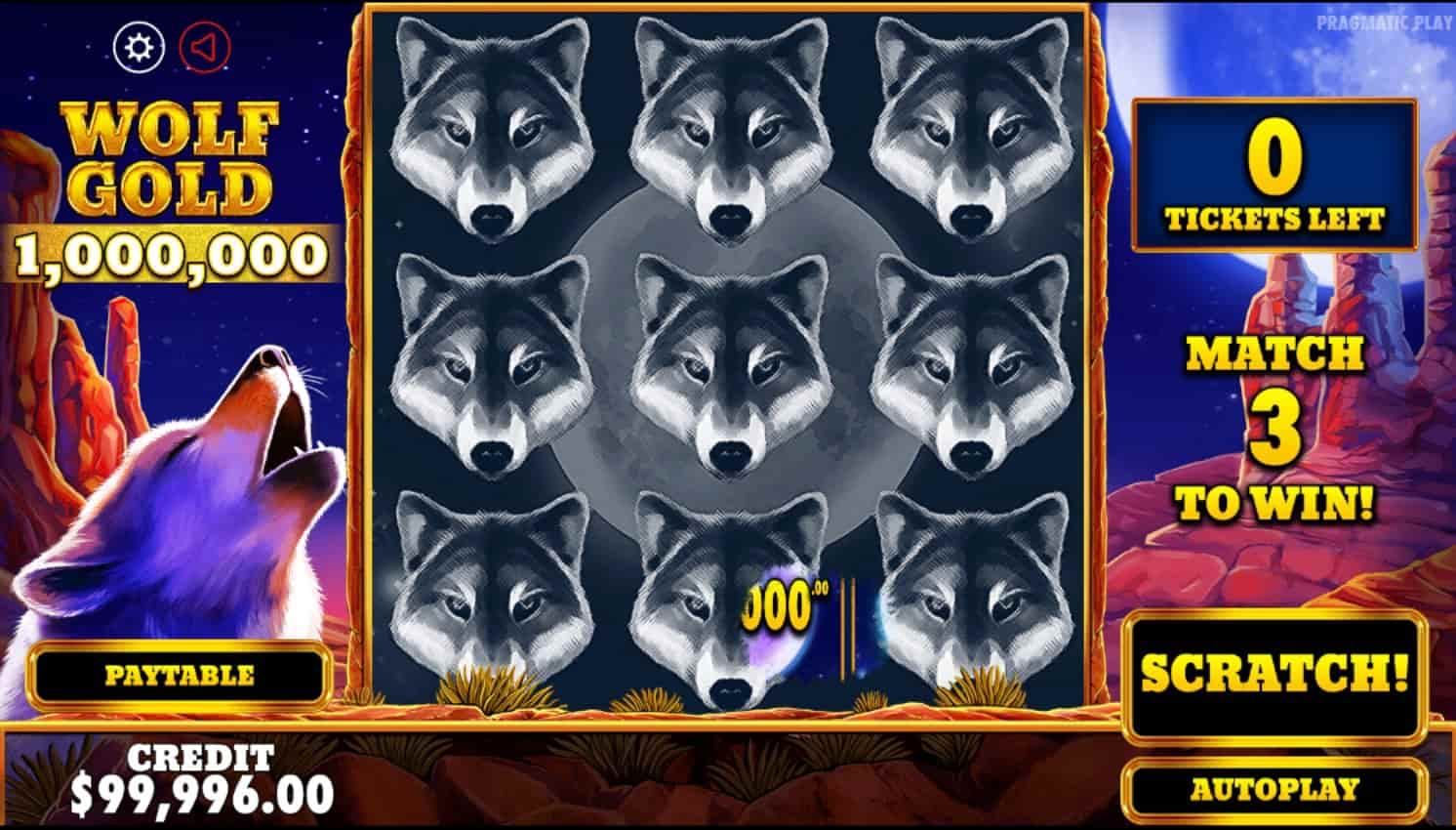 Wolf Gold™ 1,000,000 scratch card game by Pragmatic Play. Play for free in demo mode.