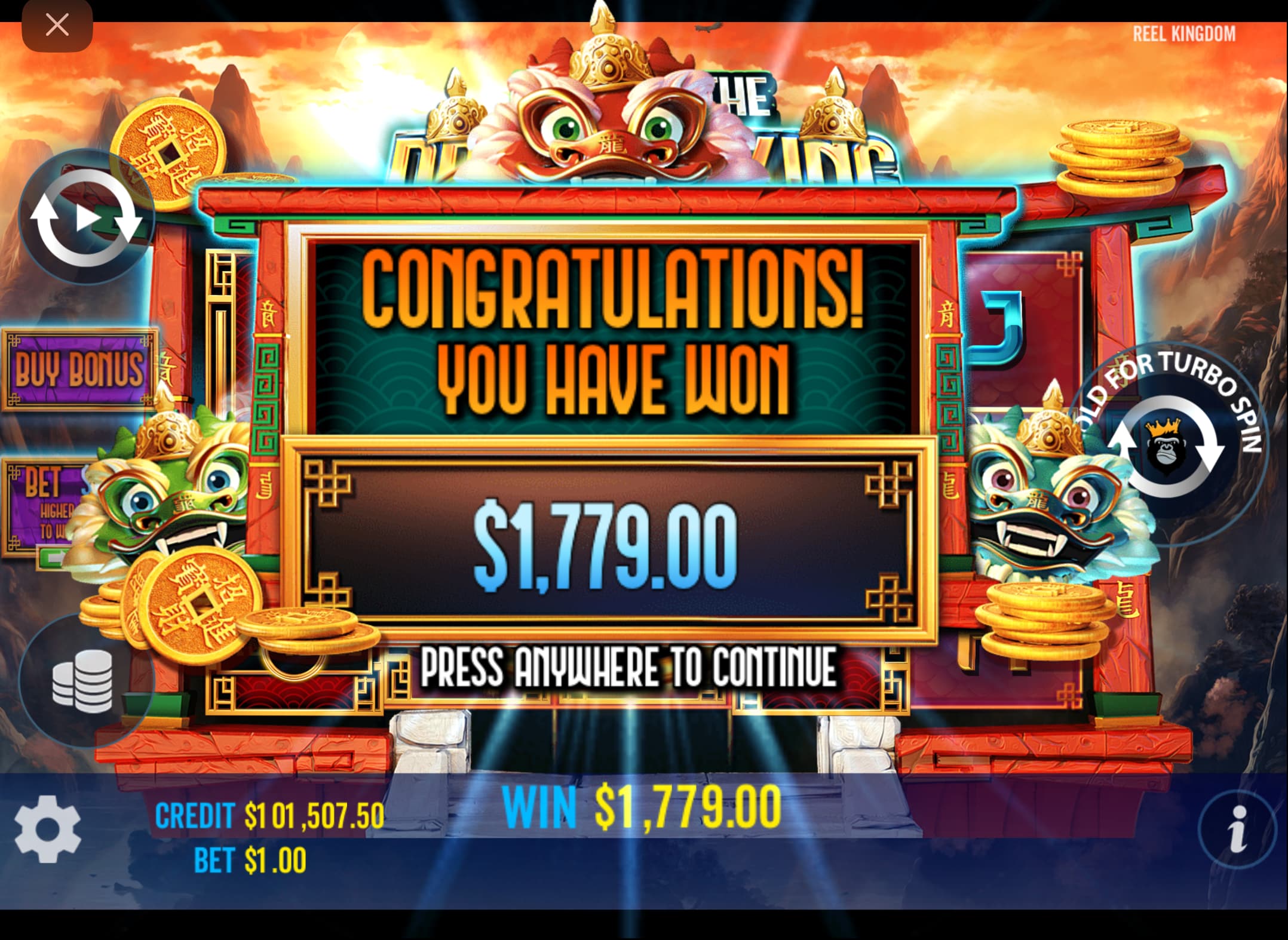 Over 1,750x Win from the bonus game of the Year of the Dragon King slot game