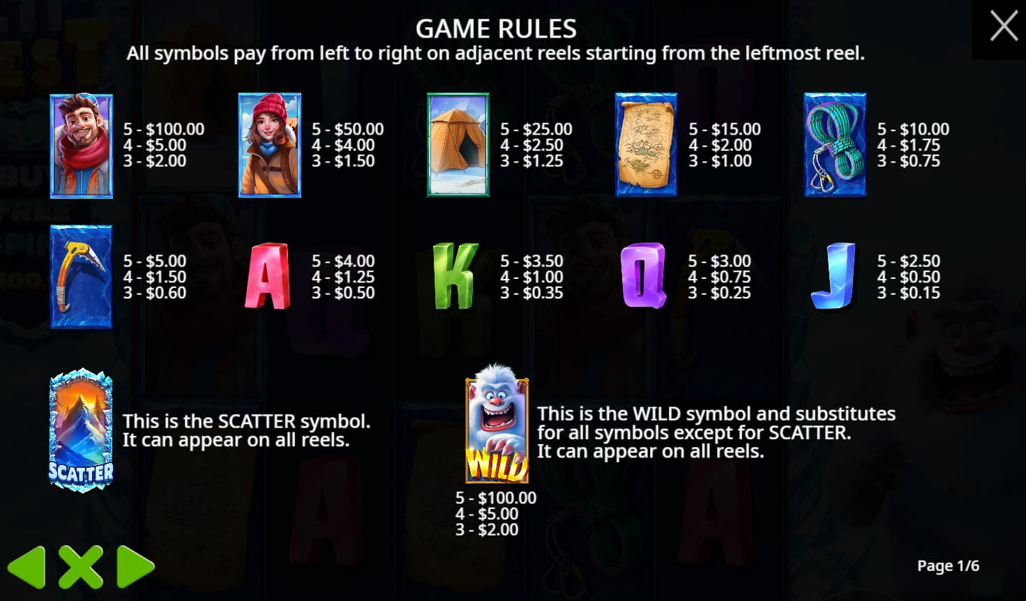 Symbols and paytable of the Yeti Quest slot game