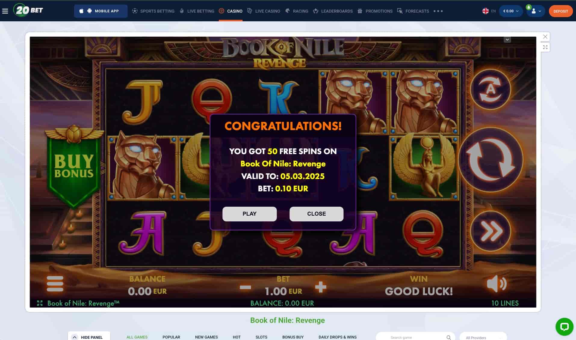 The slot game shows that we received the 50 free spins