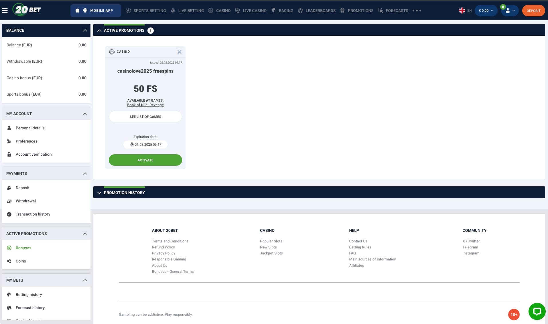 50 free spins received in the Bonus Menu within our profile