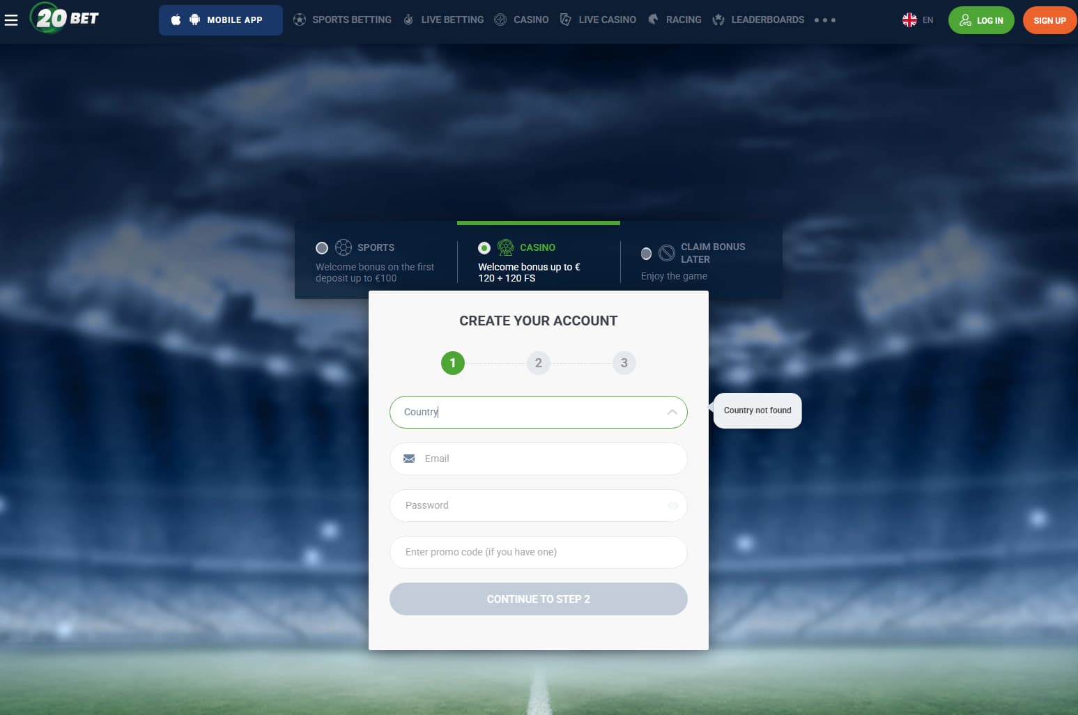 Landing page with registration - Enter the CASINOLOVE2026 promo code