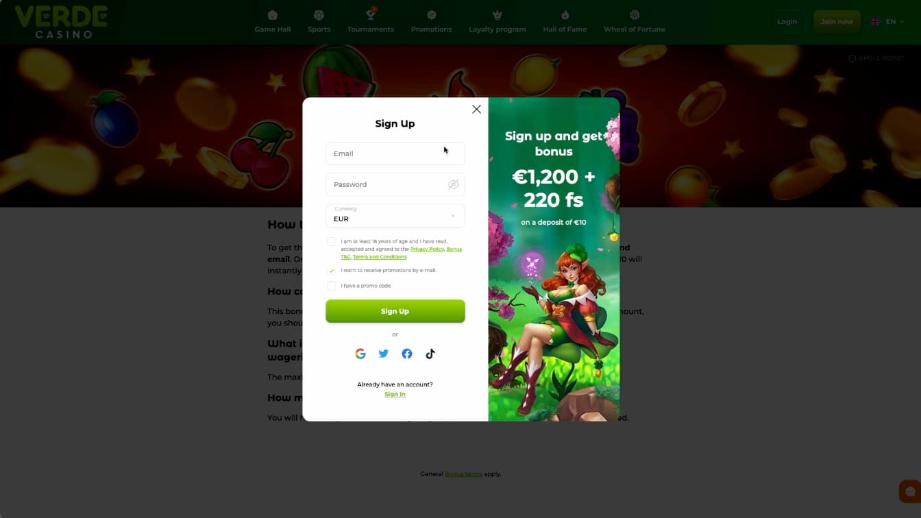 Pagina de înregistrare la Verde Casino