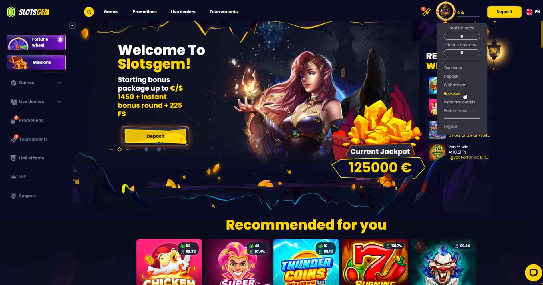 Navigate to the bonuses section using the menu.