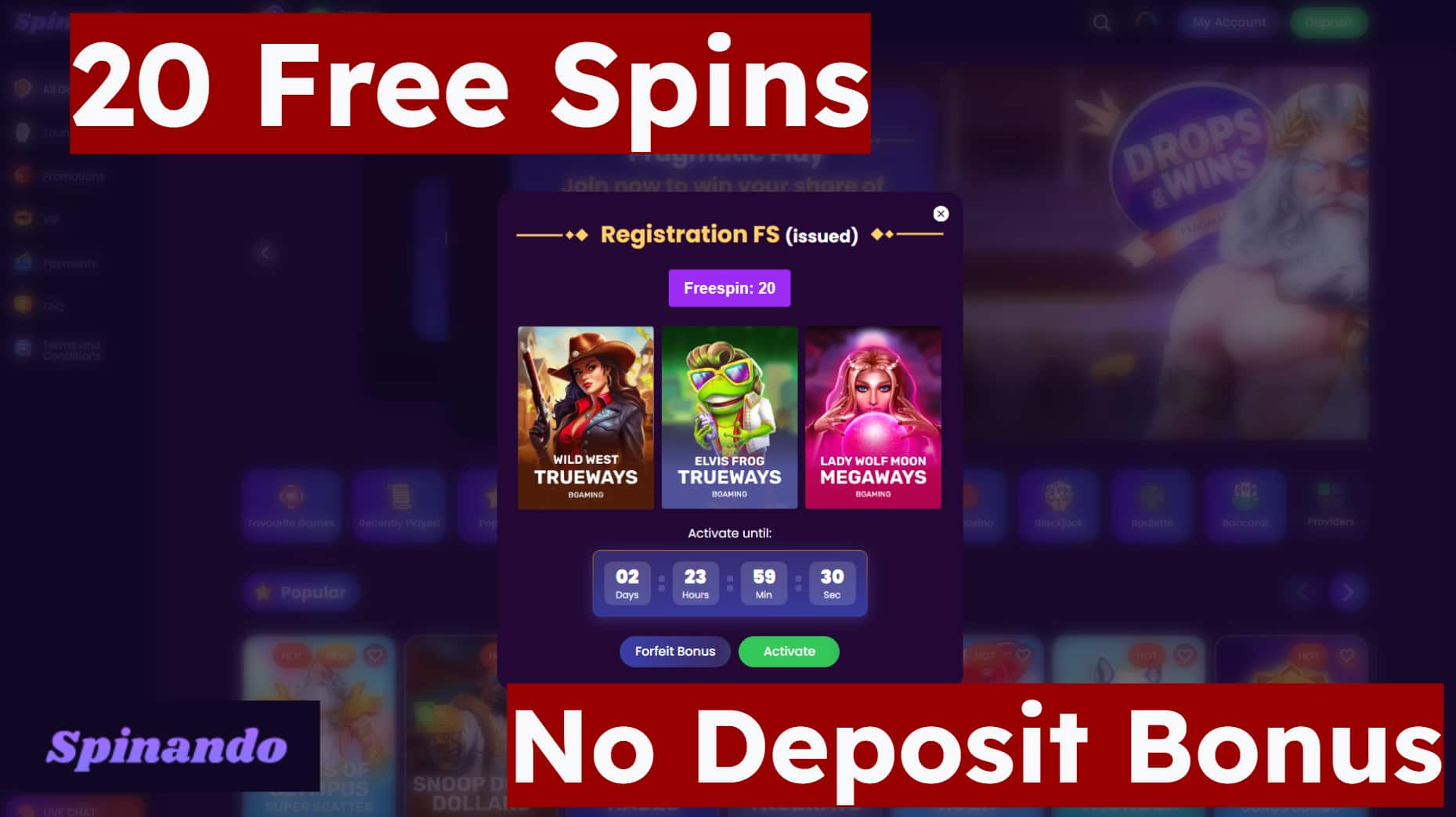 20 Free Spins no deposit bonus at Spinando Casino