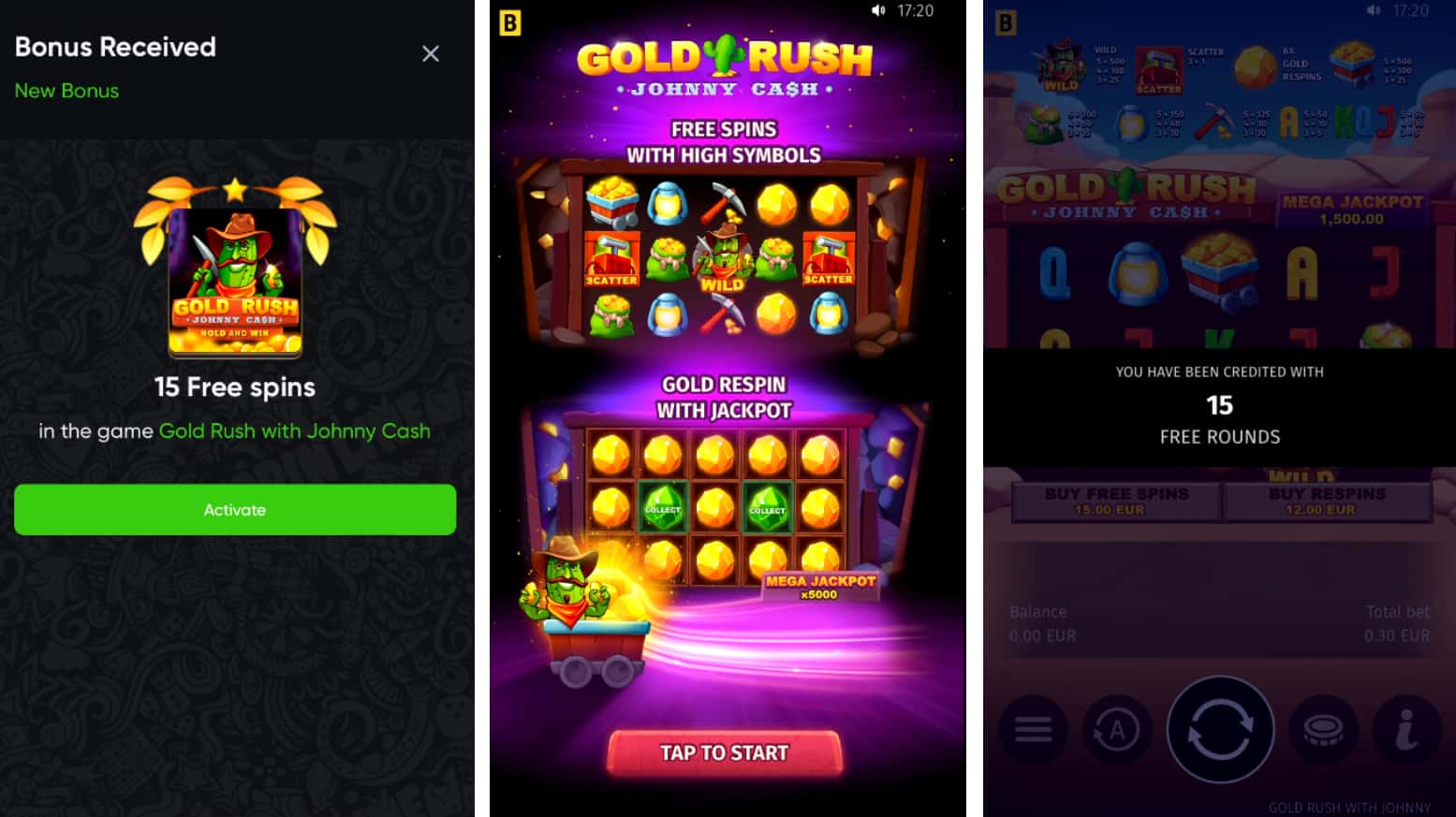 Bonus free spins received on the Gold Rush game