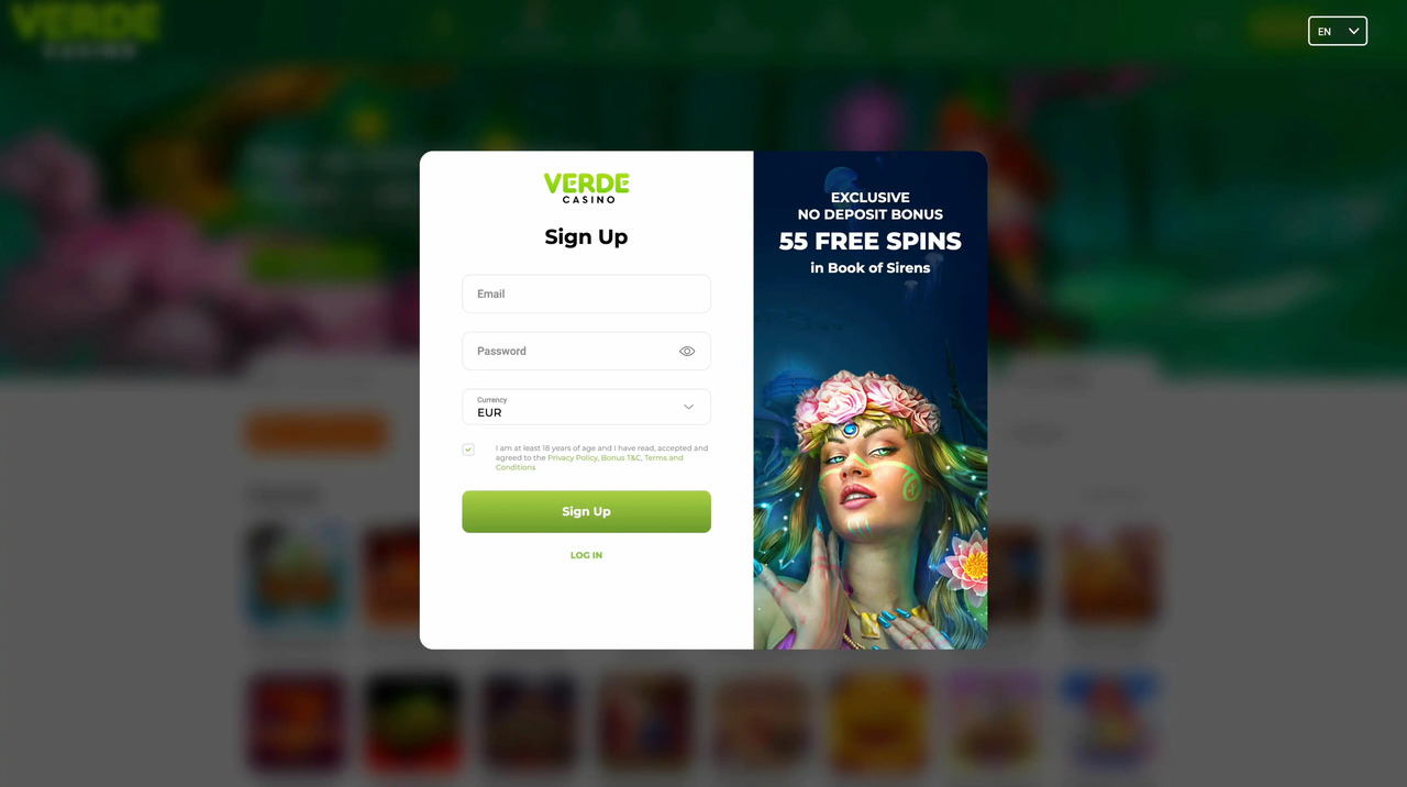 55 Free Spins bonus landing page at Verde Casino