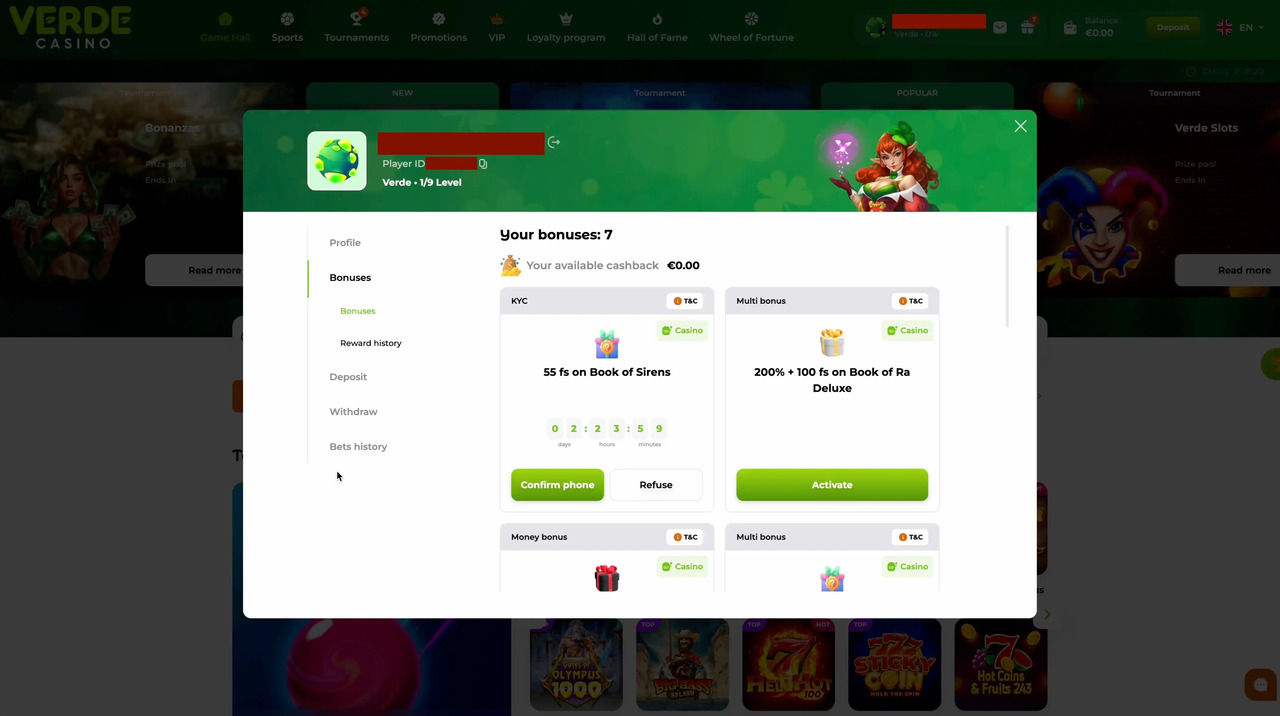 Navigate to the Bonus menu within your account. You should see the 55 Free Spins bonus and potentially some other bonuses. You must verify your mobile number.