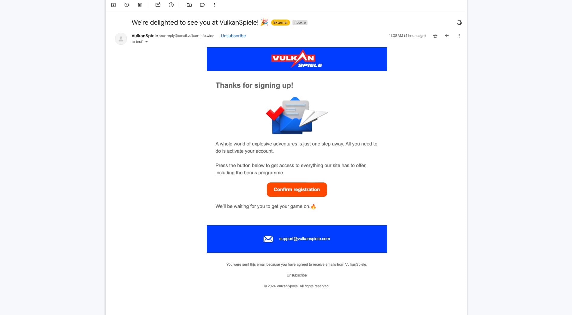 Vulkan Spiele Casino confirmation email