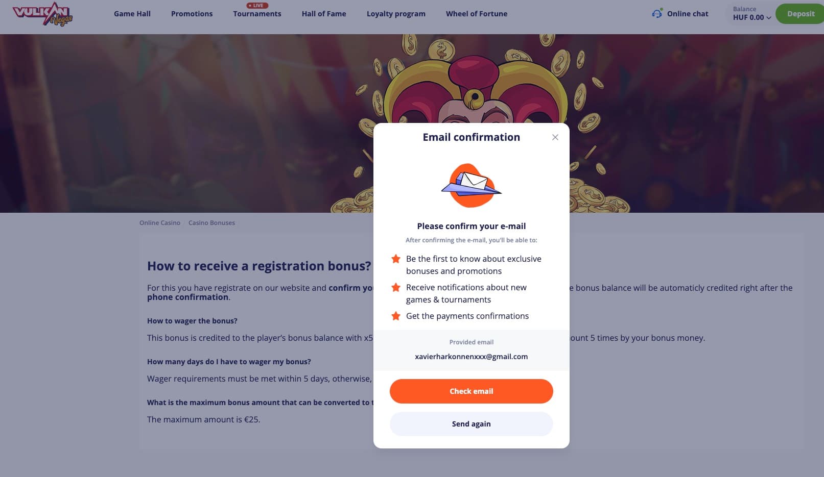 Vulkan Vegas Casino confirmation email